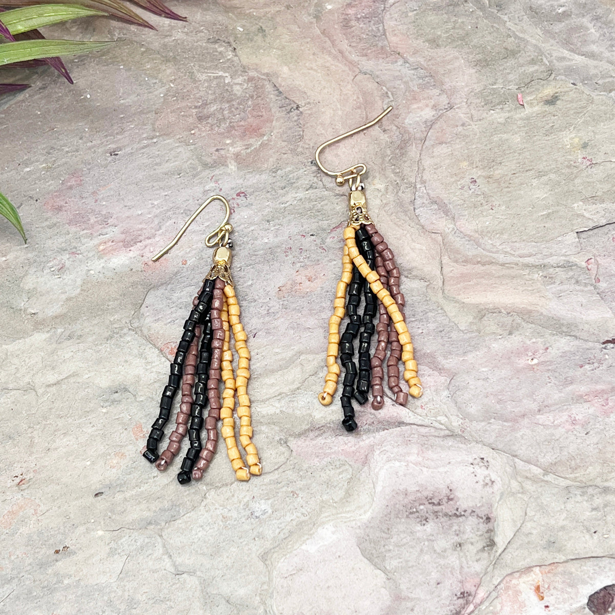 Seed Bead Simple Tassel Earrings - Black, Brown and Tan