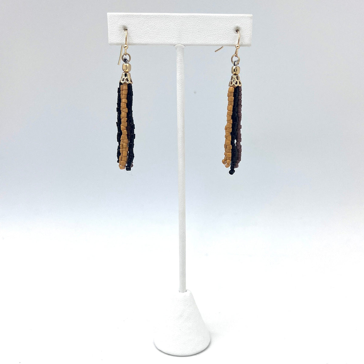 Seed Bead Simple Tassel Earrings - Black, Brown and Tan