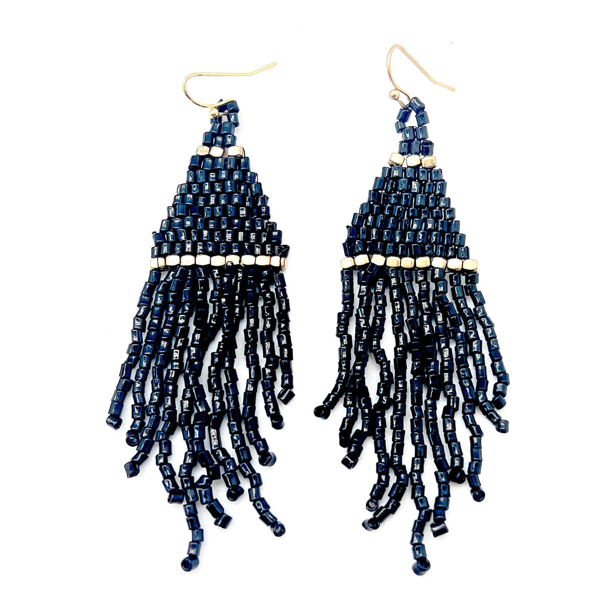 Seedbead Tapered Fringe Earrings - Midnight Blue