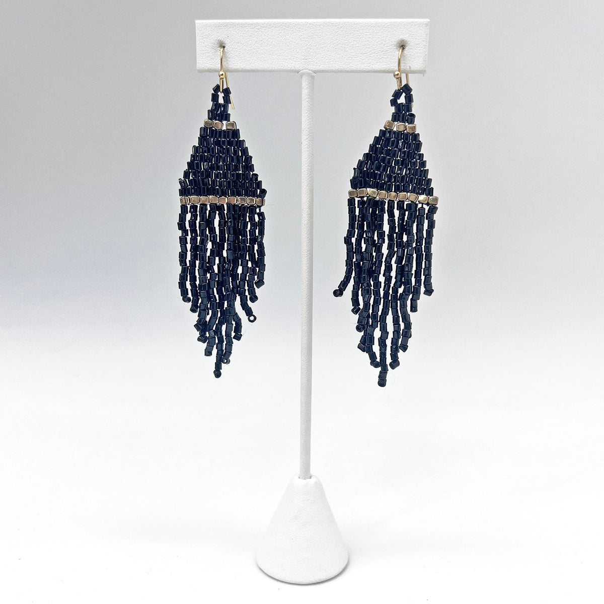 Seedbead Tapered Fringe Earrings - Midnight Blue