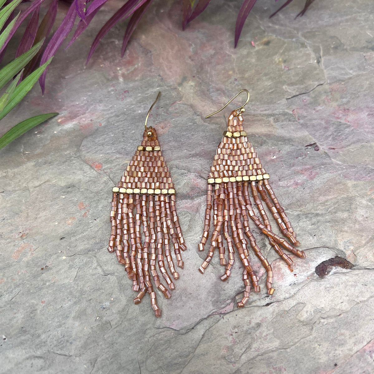 Seedbead Tapered Fringe Earrings - Blush