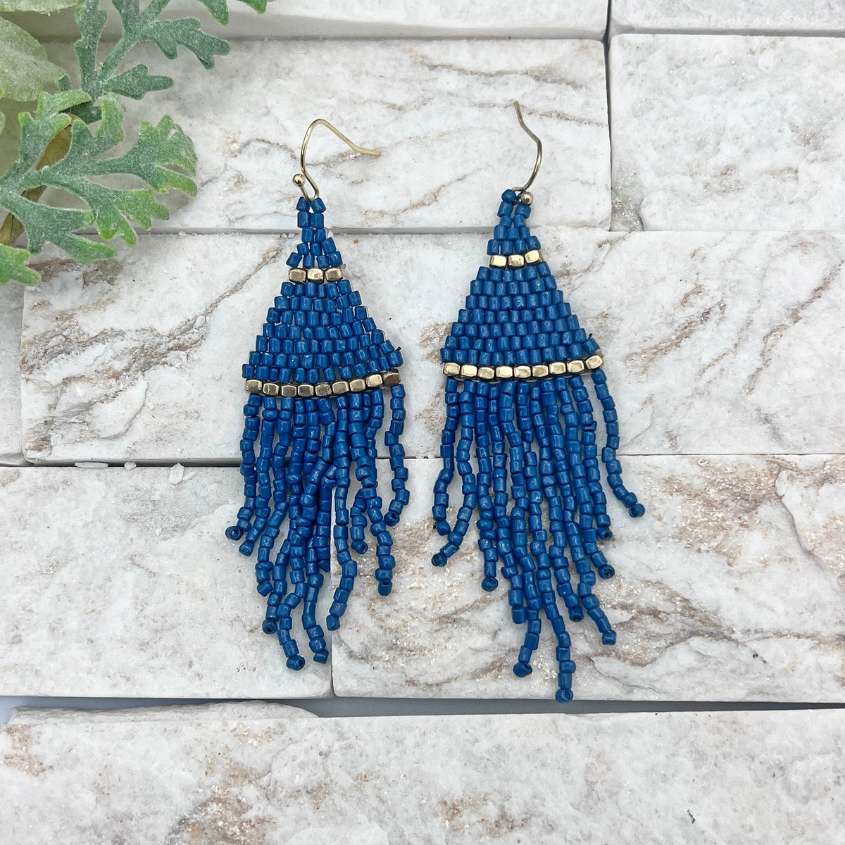 Seedbead Tapered Fringe Earrings - Navy