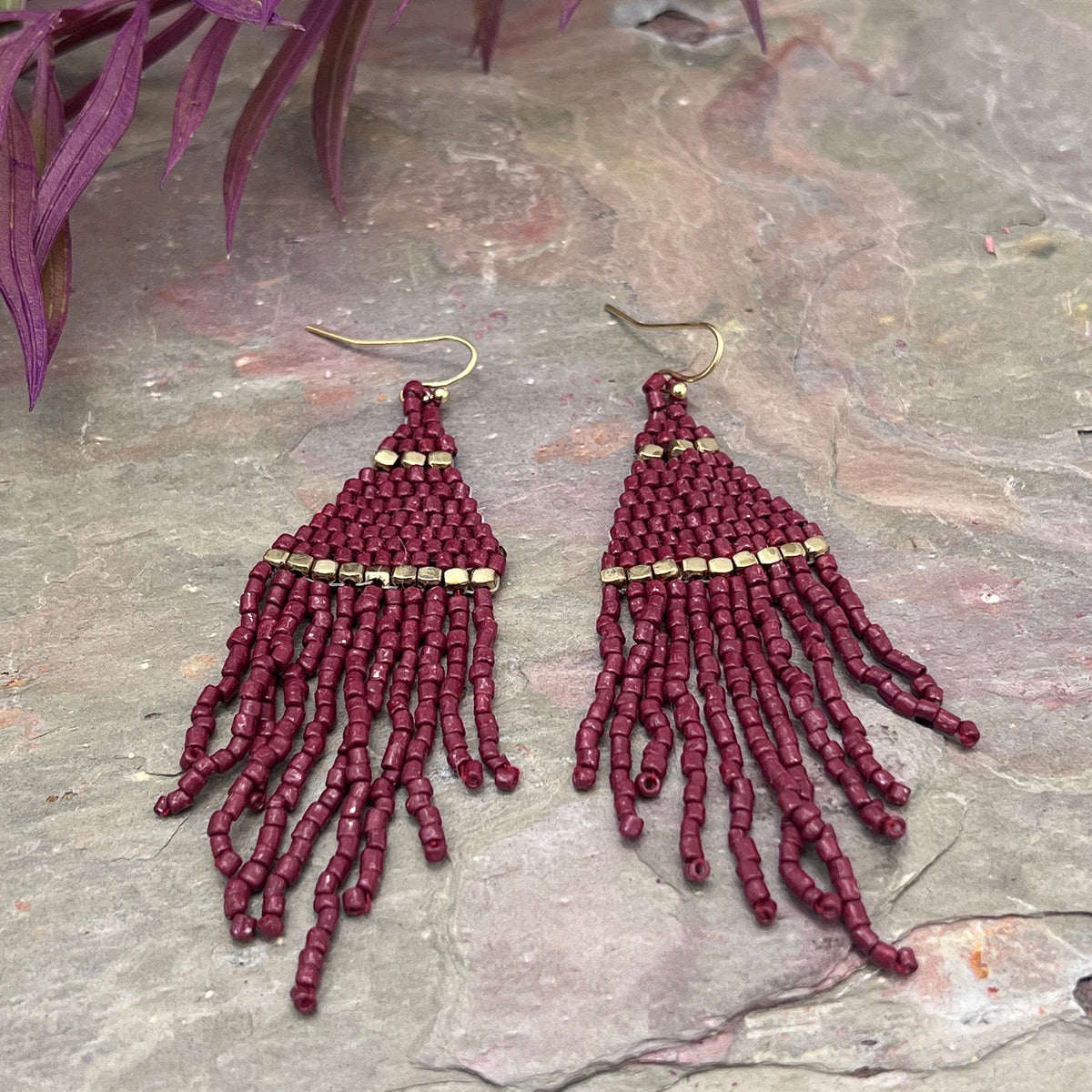 Seedbead Tapered Fringe Earrings - Purple
