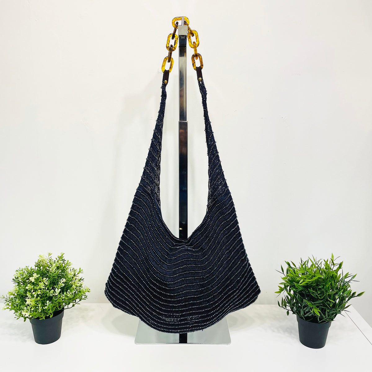 Cora Beaded Cotton Sling Bag with Chain Strap - Black