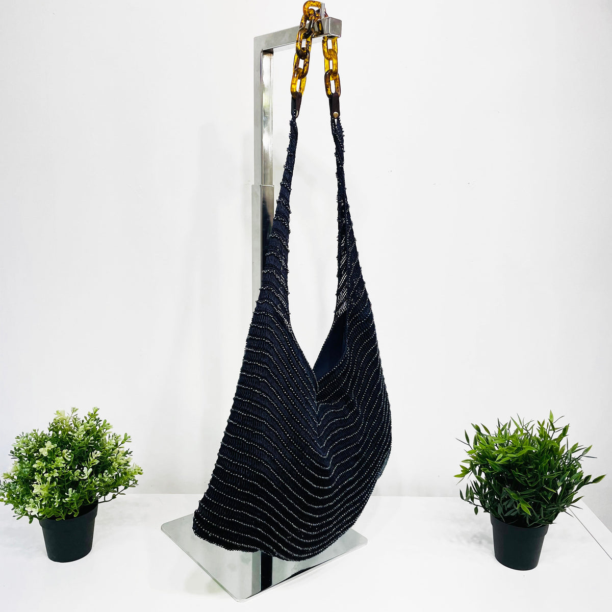Cora Beaded Cotton Sling Bag with Chain Strap - Black