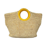 Cali Basket Raffia Bag with Colorful Wrapped Wooden Handle - Yellow