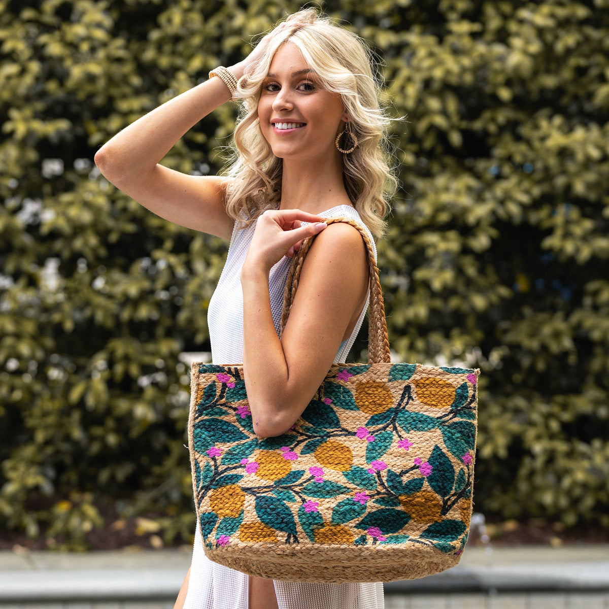 Capri Jute Bag with Tropical Prints - Lemon Blossom
