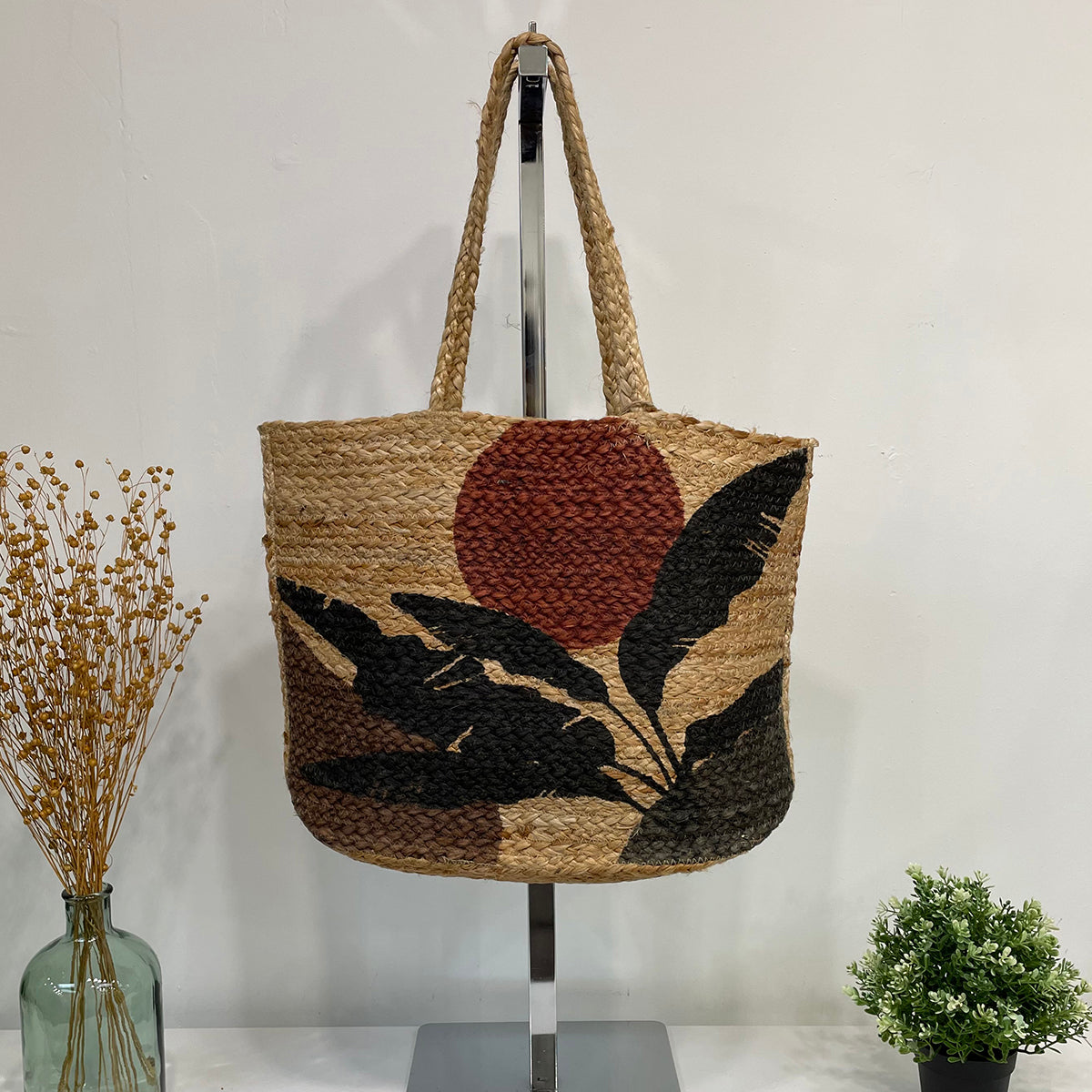 Capri Jute Bag with Tropical Prints - Sunset Banana Leaf