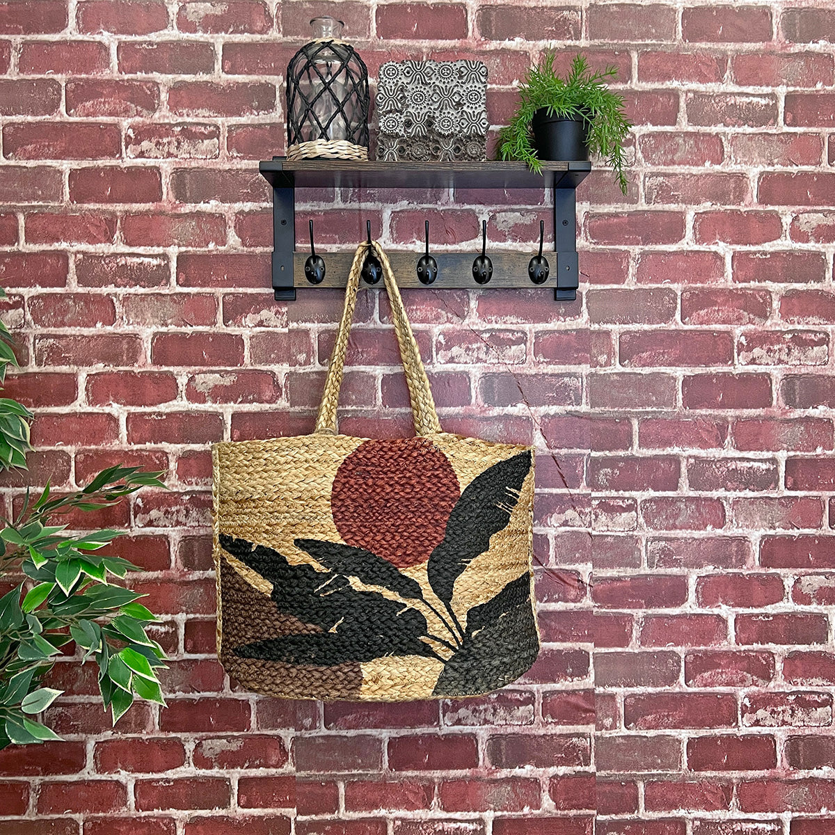 Capri Jute Bag with Tropical Prints - Sunset Banana Leaf
