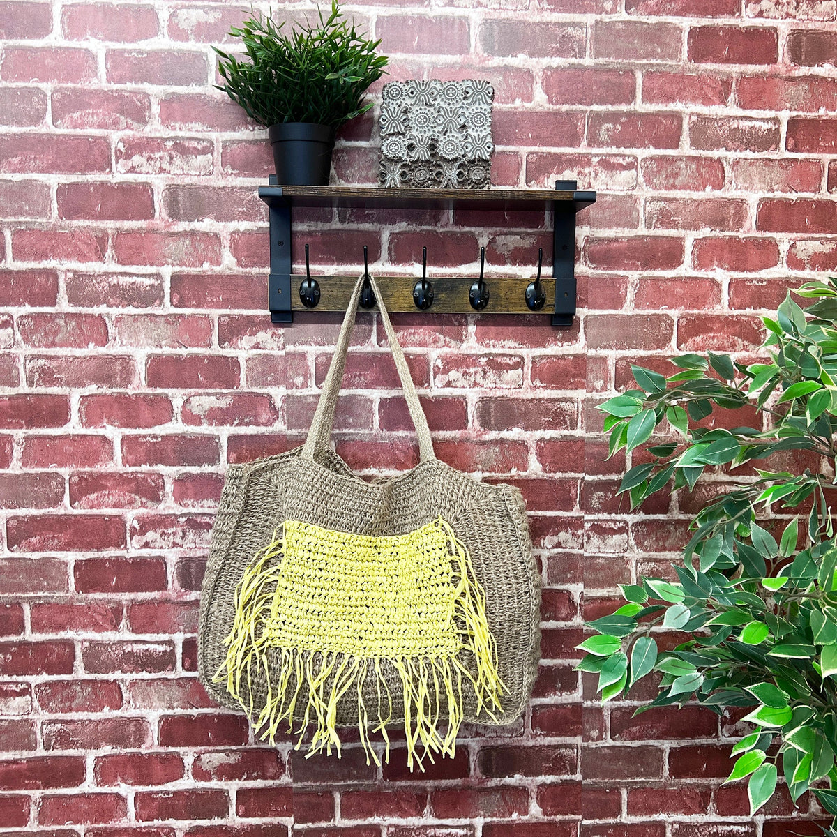 Lana Woven Jute Bag with Color Raffia Pocket - Yellow