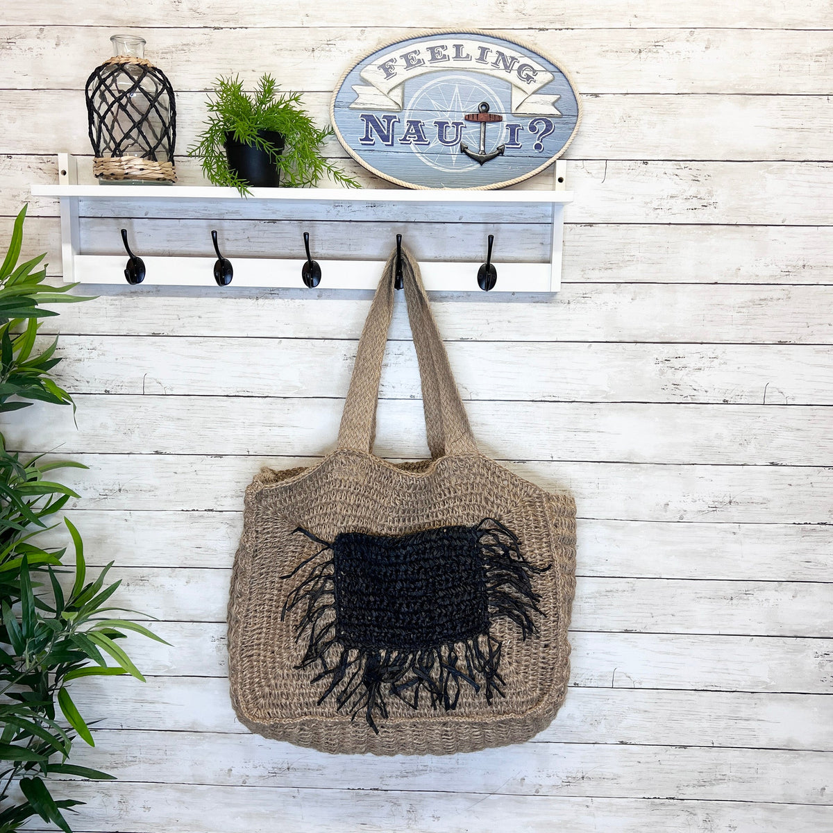 Lana Woven Jute Bag with Color Raffia Pocket- Black