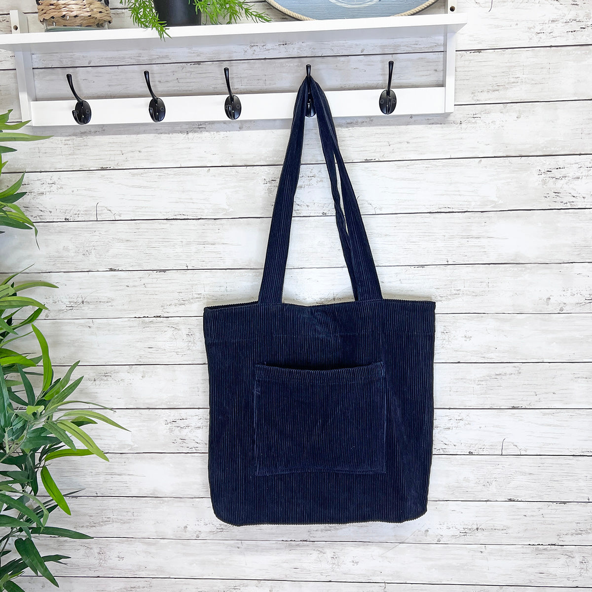 Corduroy Tote Bag with Front Pocket - Navy