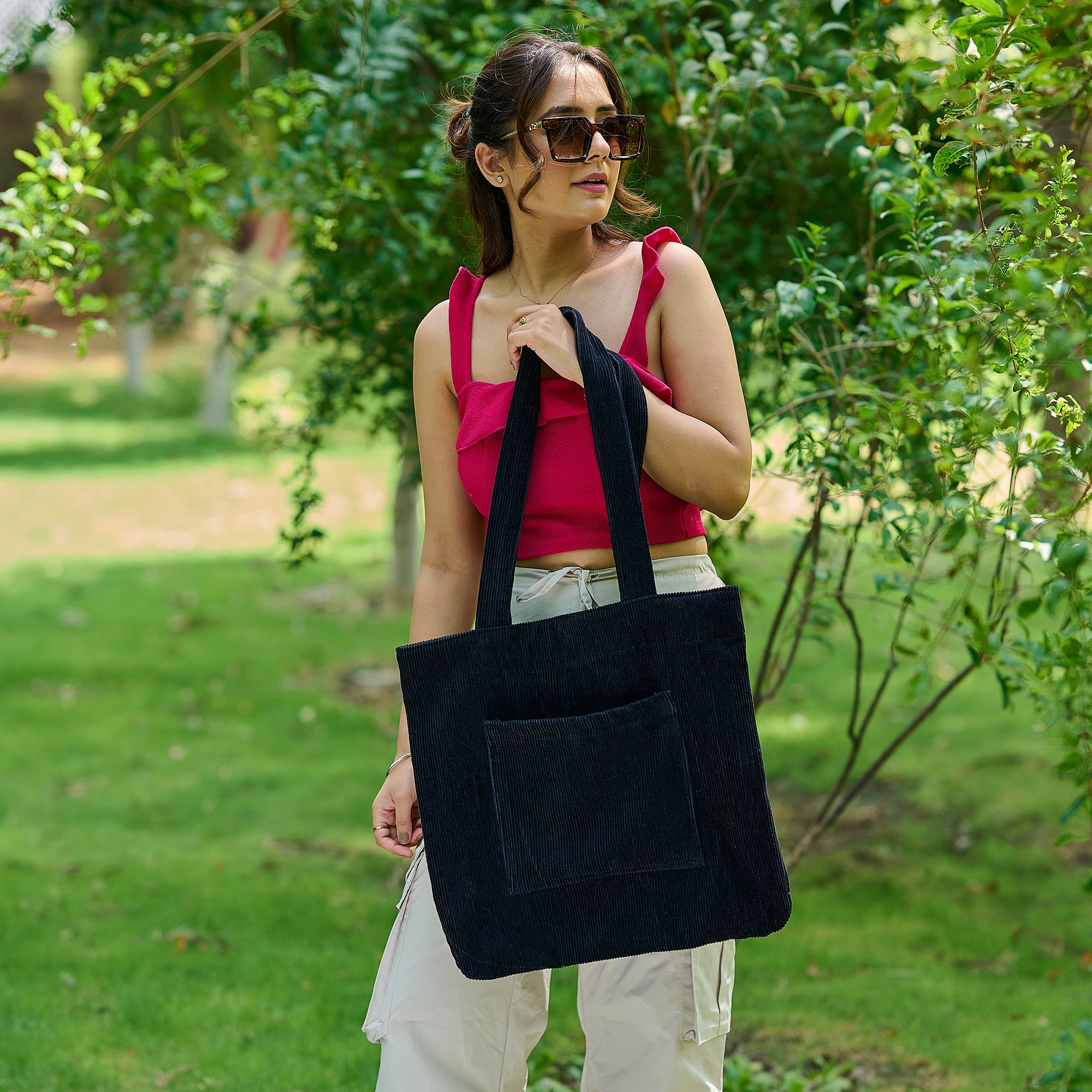 Corduroy Tote Bag with Front Pocket - Navy