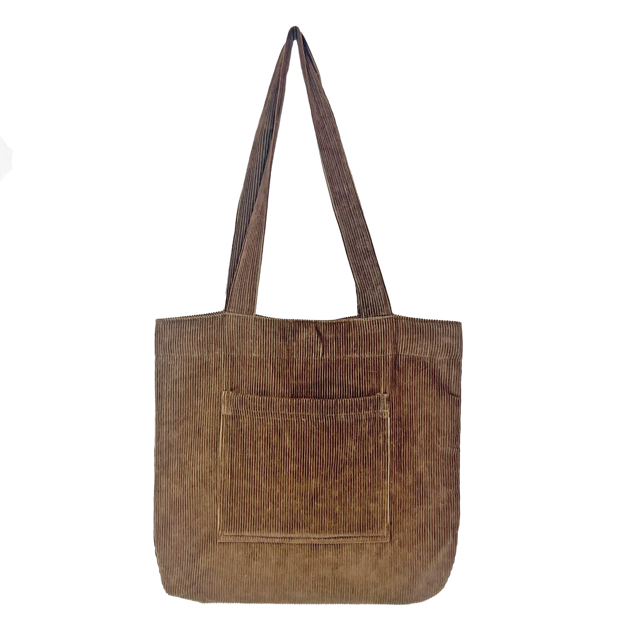 Corduroy Tote Bag with Front Pocket - Brown