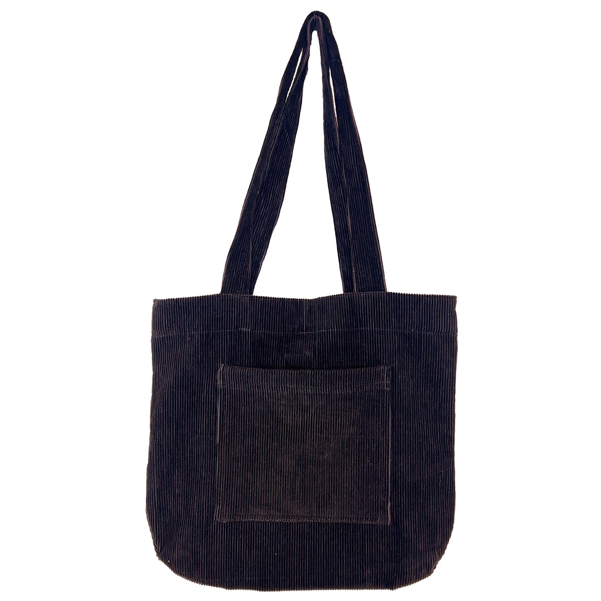 Corduroy Tote Bag with Front Pocket - Black