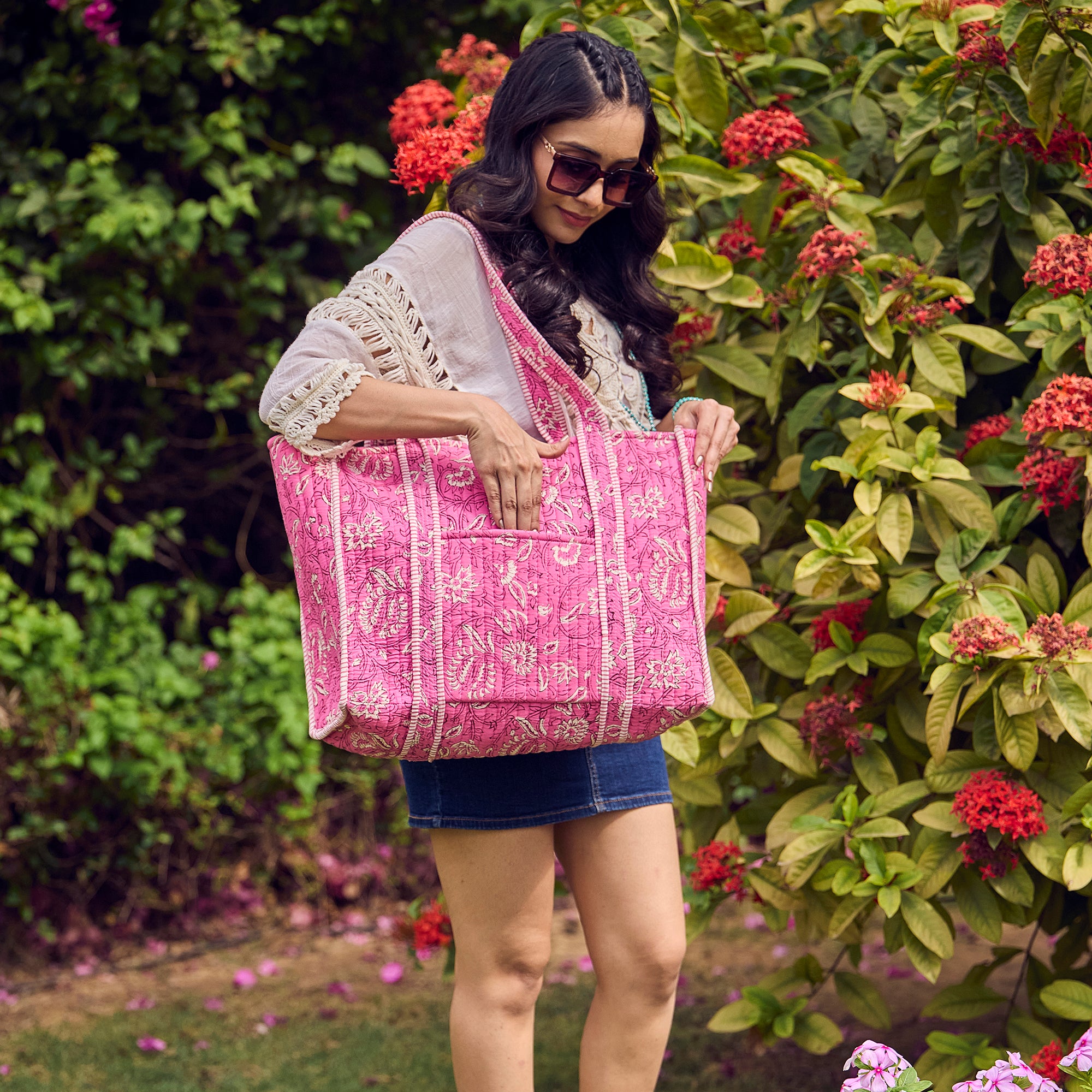 Hand Crafted Quilted Block-Printed Tote Bag