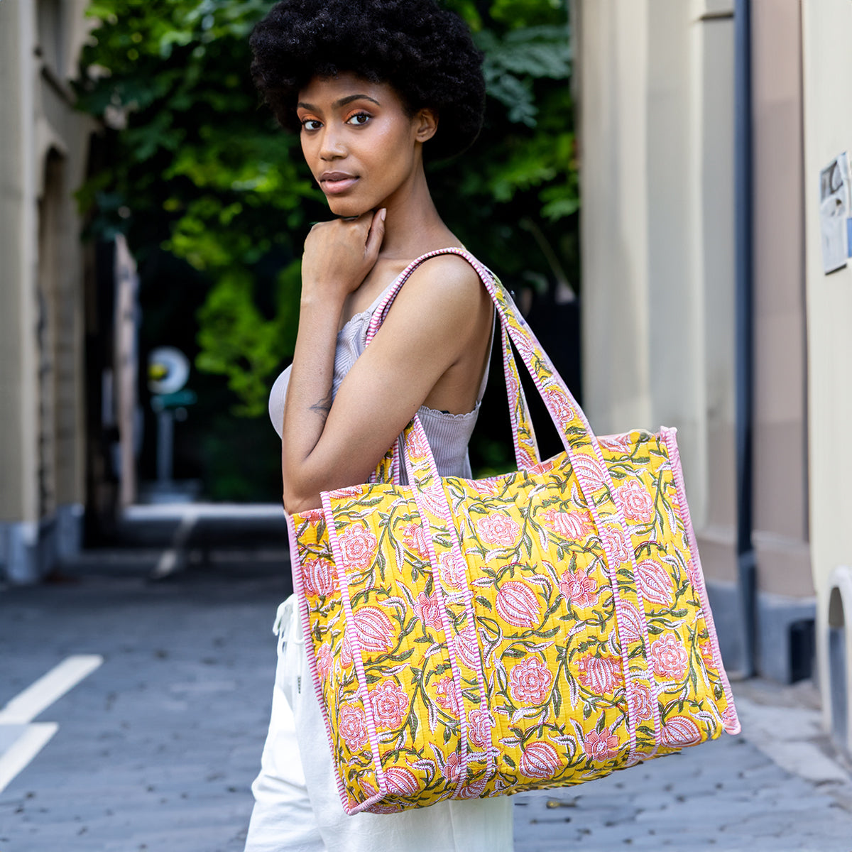 Hand Crafted Quilted Block-Printed Tote Bag