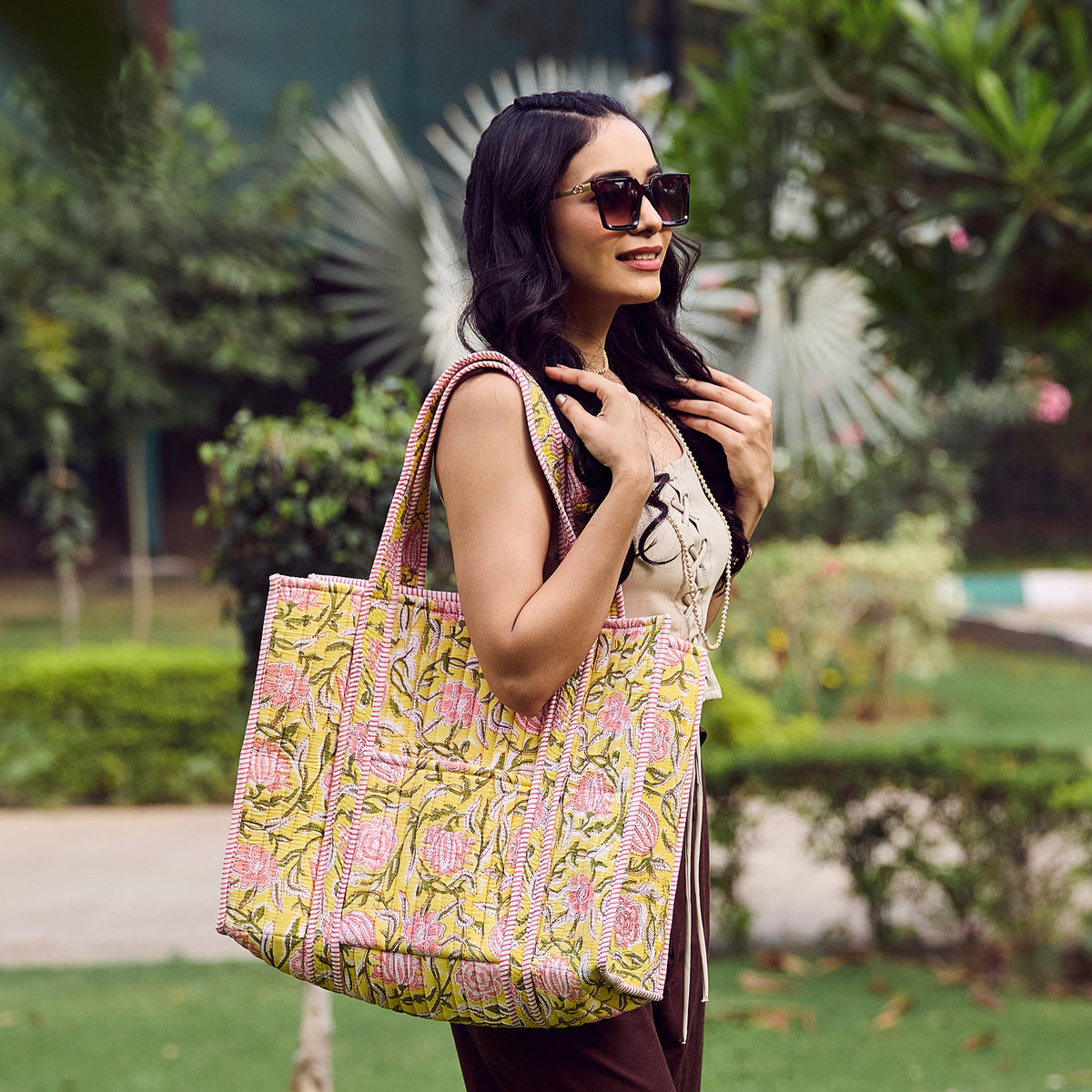 Hand Creafted Bright Dahlias Quilted Block-Printed Tote
