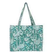 Hand Creafted Teal Florals Quilted Block-Printed Tote