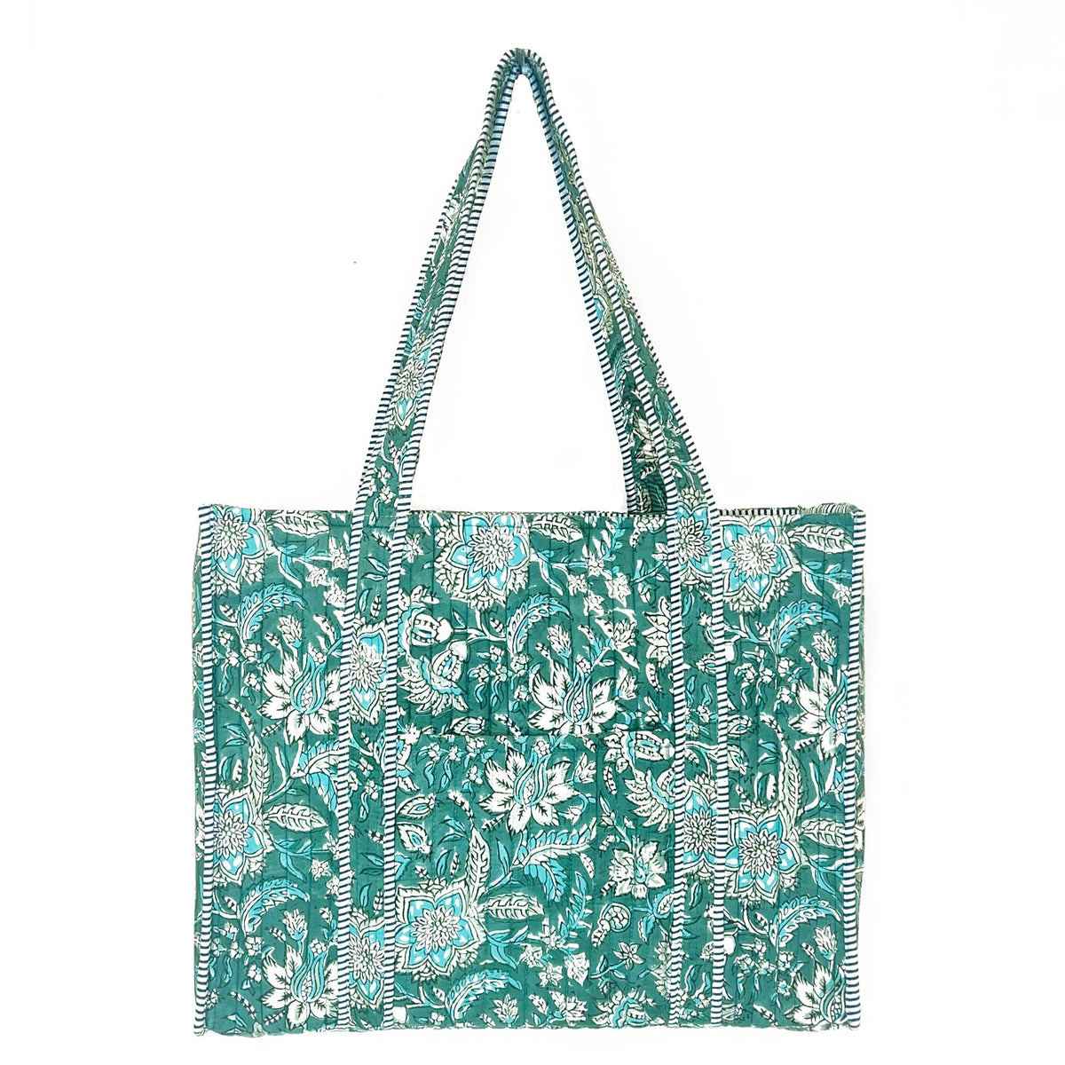 Hand Creafted Teal Florals Quilted Block-Printed Tote
