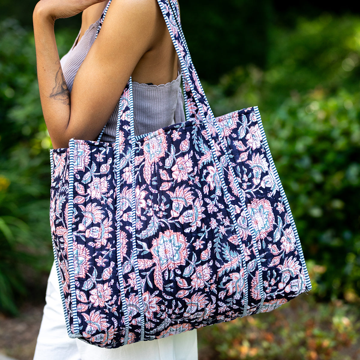 Quilted Block-Printed Tote Bag with Travel Pouch