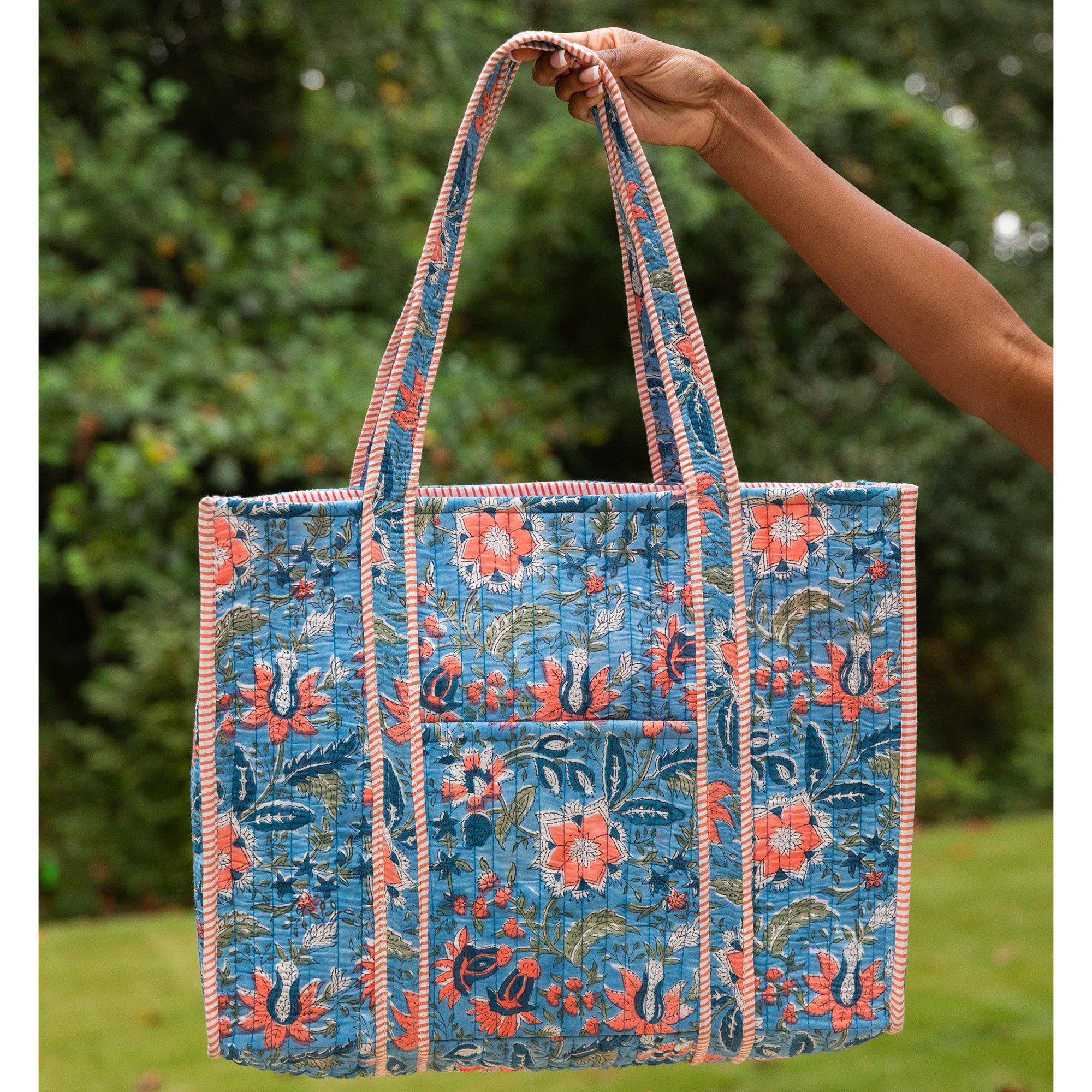 Peach Wildflowers Quilted Block-Printed Tote