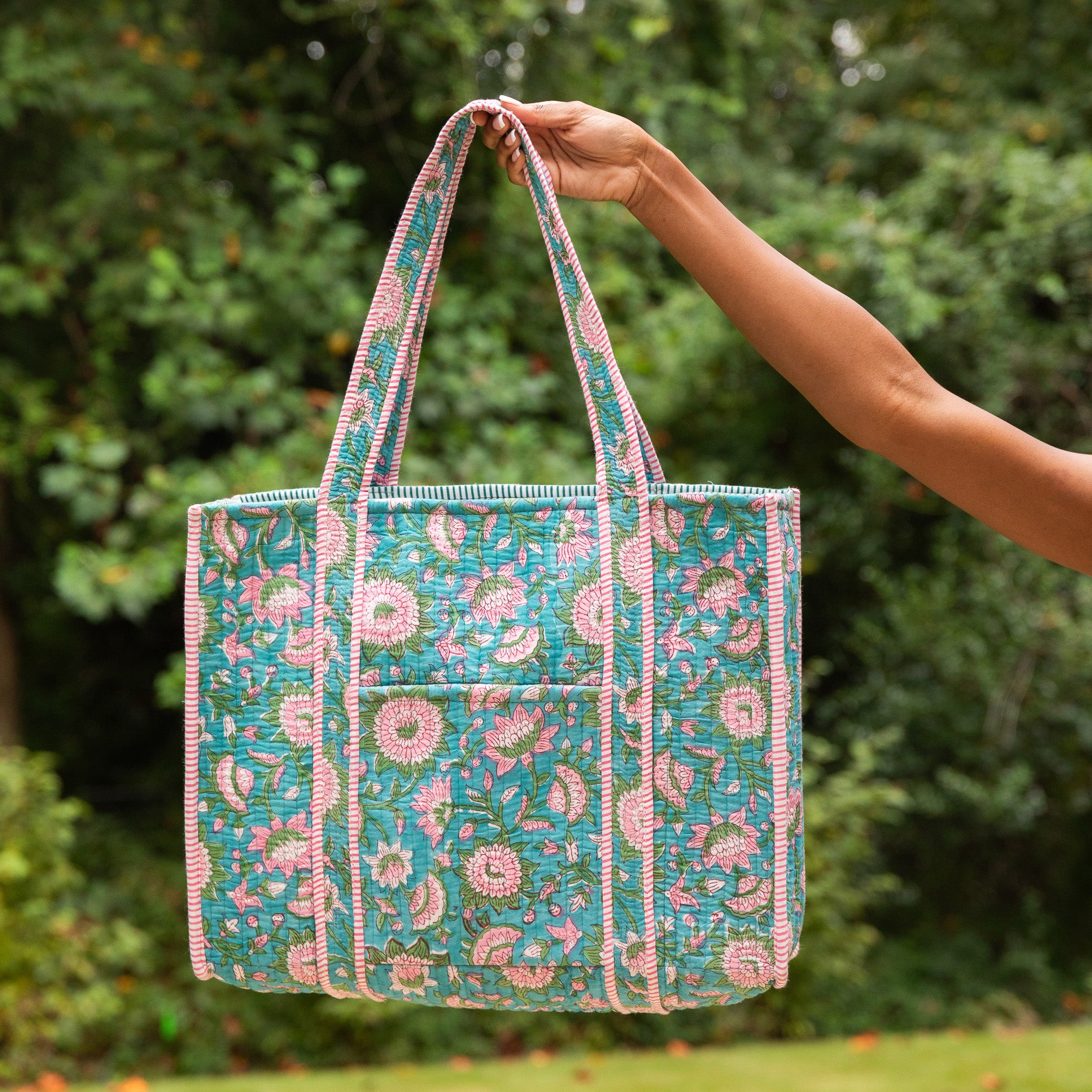 Aqua Bloom Quilted Block-Printed Tote