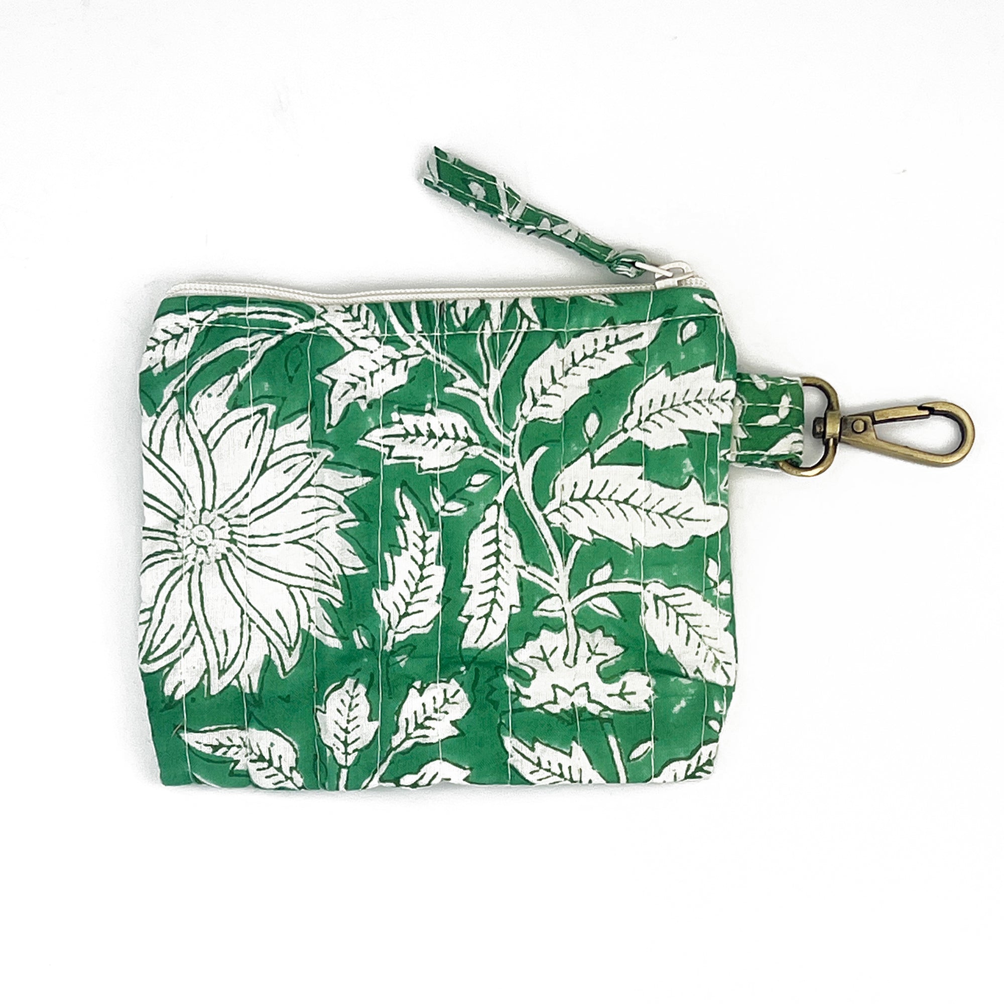 Quilted Block-Printed Travel Pouch - Teal Dandelion