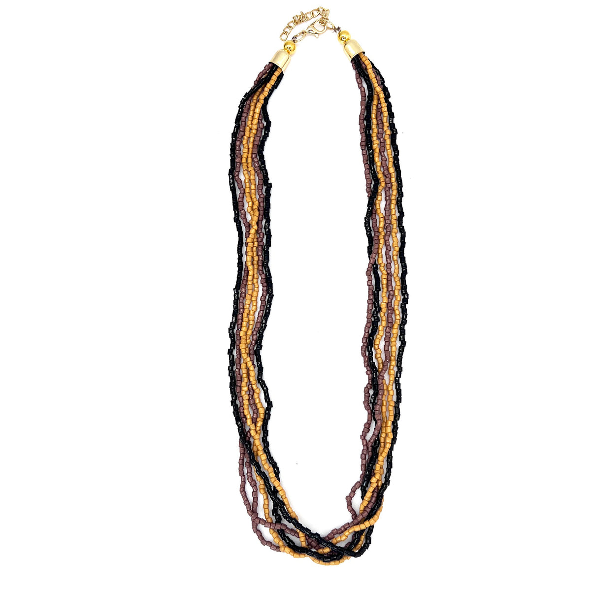 Seed Bead Multi-Strand Bib Necklace - Black, Brown and Tan