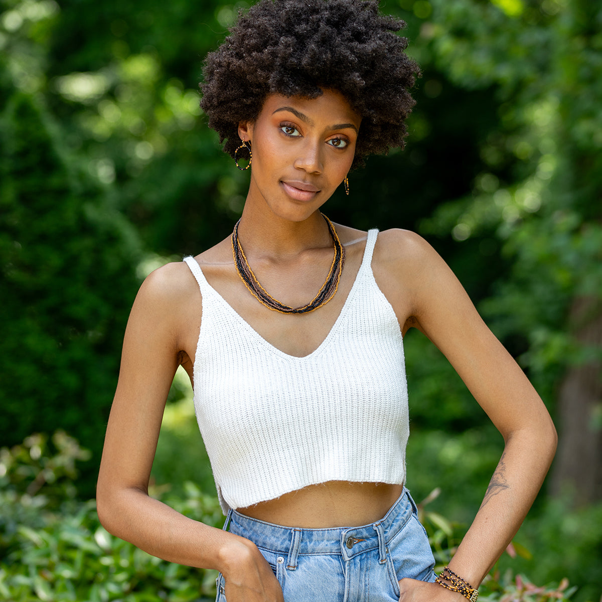 Seed Bead Multi-Strand Bib Necklace - Black, Brown and Tan