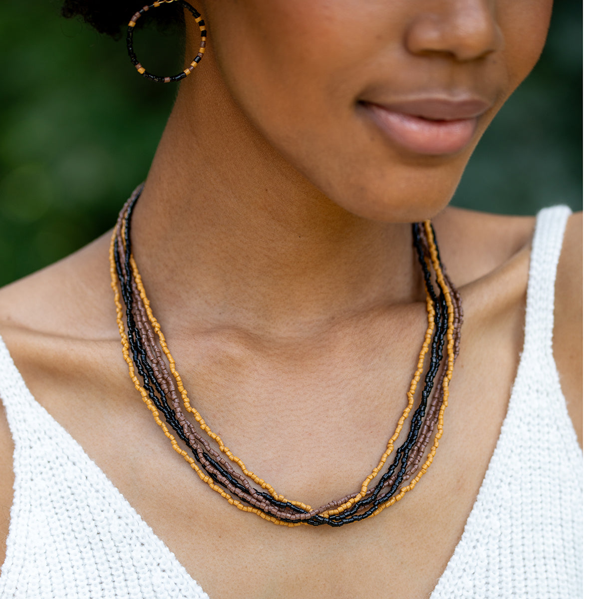 Seed Bead Multi-Strand Bib Necklace - Black, Brown and Tan