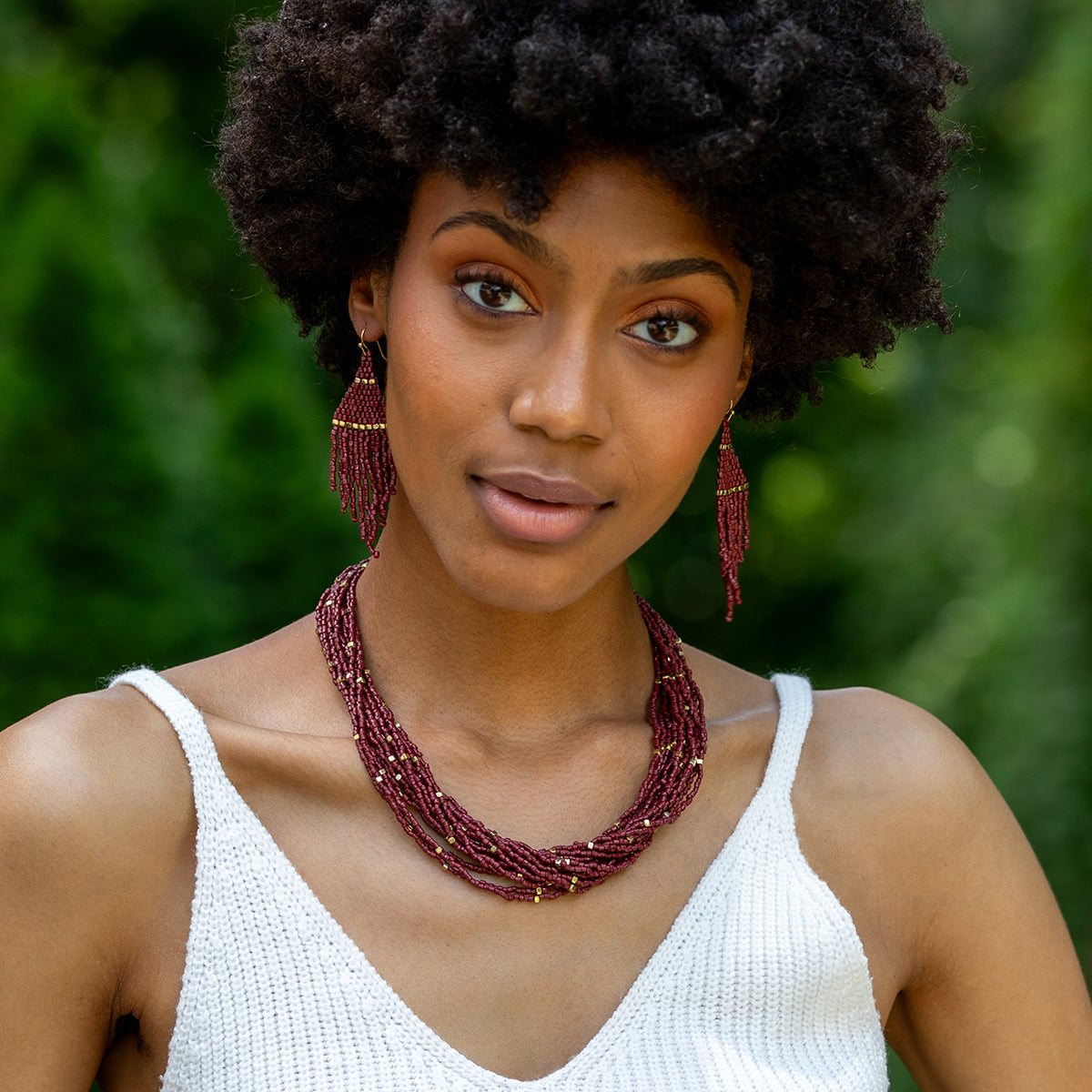 Seed Bead Multi-Strand Bib Necklace - Purple