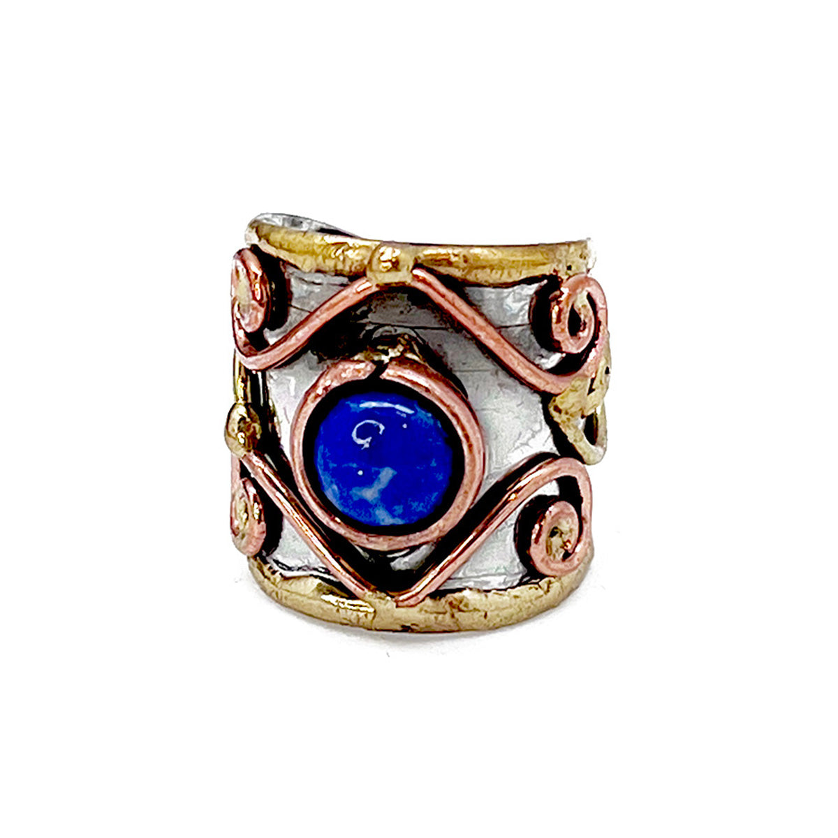 Mixed Metal Cuff Ring with Single Stone - Lapis