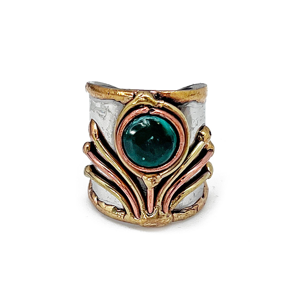 Mixed Metal Cuff Ring with Single Stone - Malachite