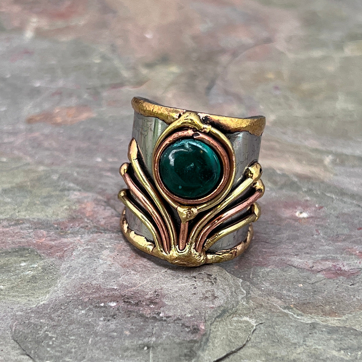 Mixed Metal Cuff Ring with Single Stone - Malachite