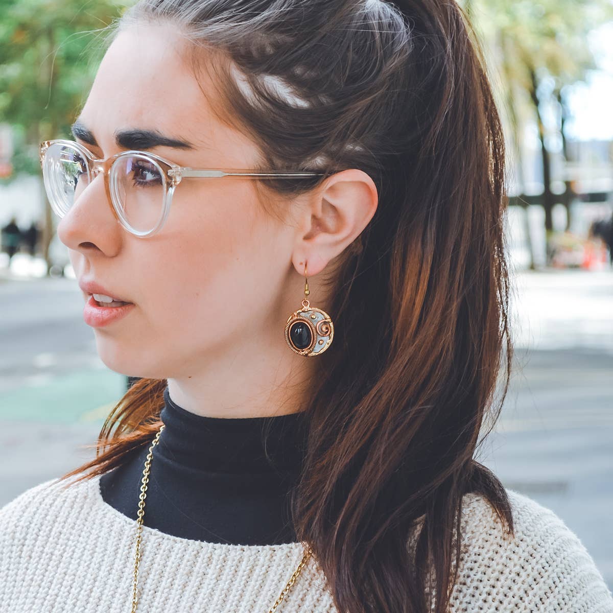 Mixed Metal and Black Onyx Stone Earrings