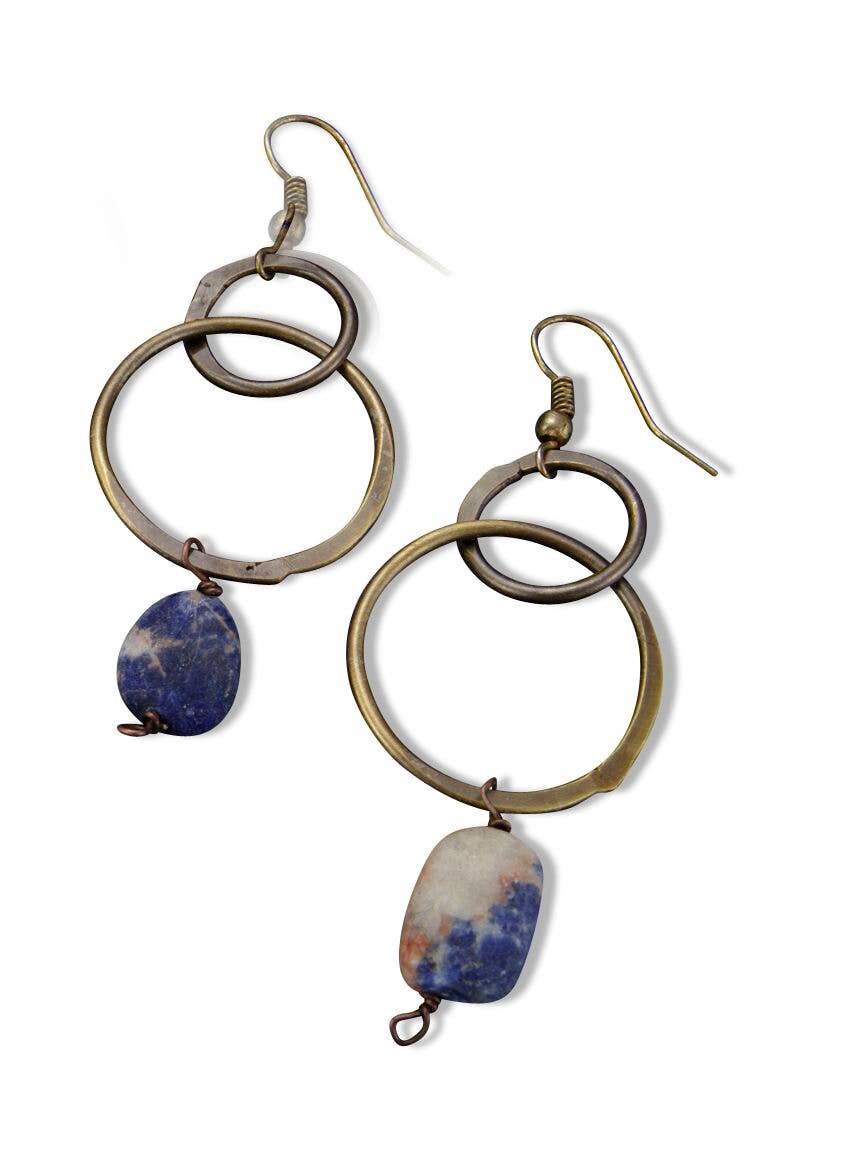 Handcrafted Antique Brass Rings with Sodalite Earrings