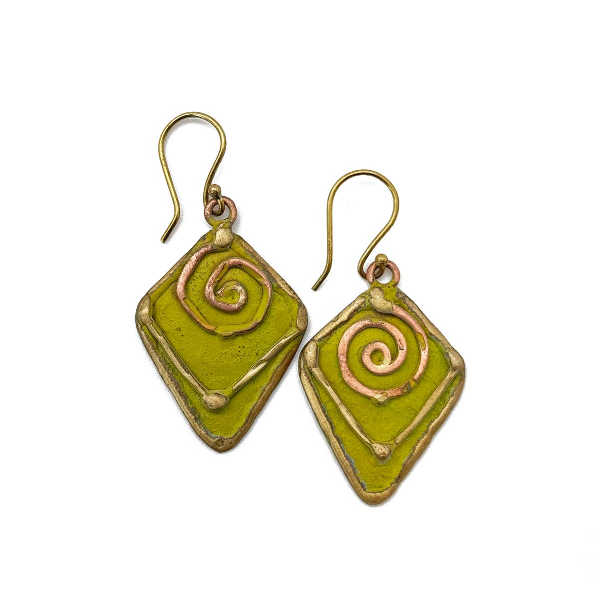 Handcrafted Lime Green & Copper Spiral Brass Patina Earrings