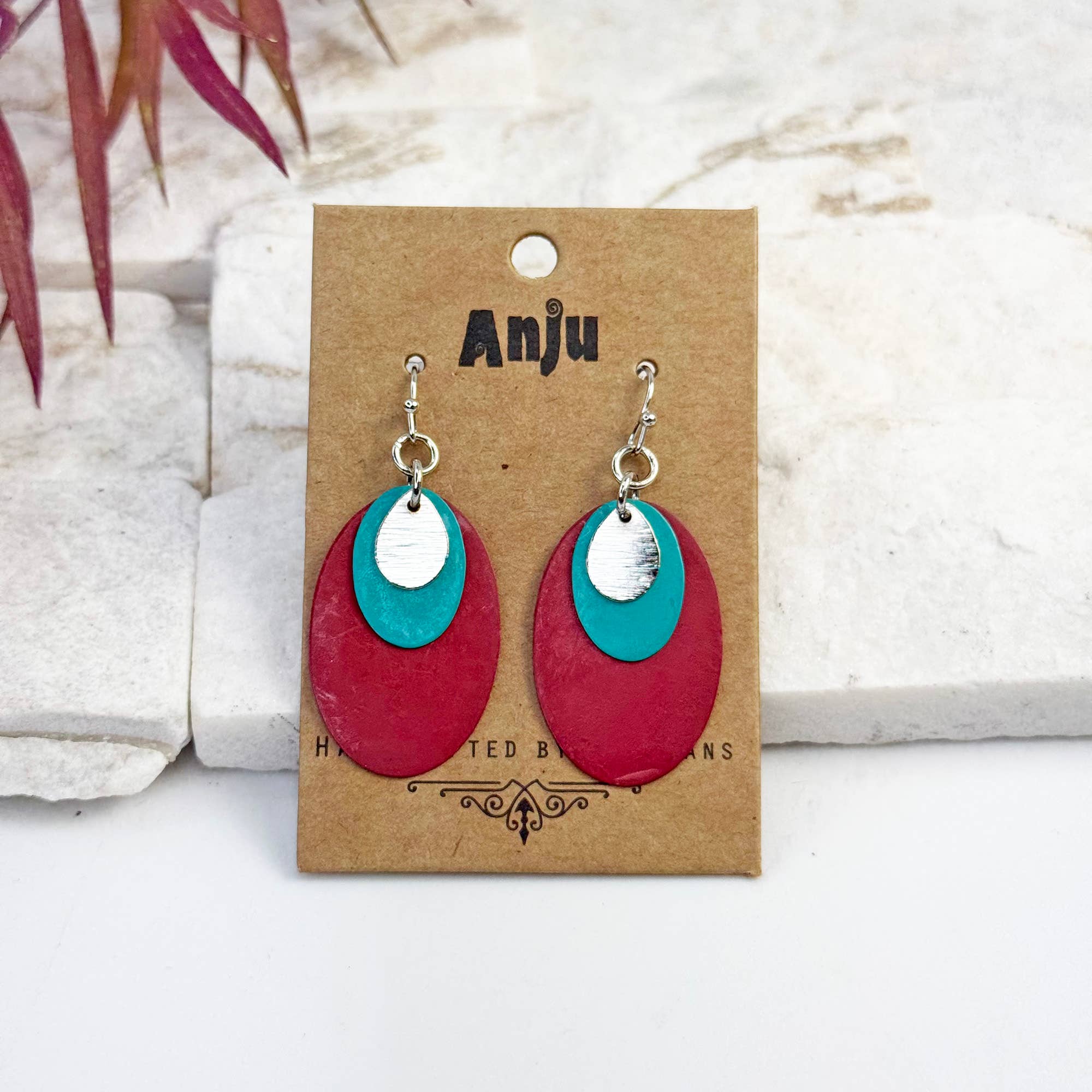 Handcrafted Fuchsia & Teal Patina Layered Oval Earrings