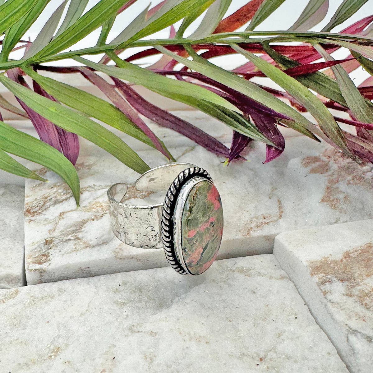 Handcrafted Kashi Semiprecious Stone Ring - Unakite