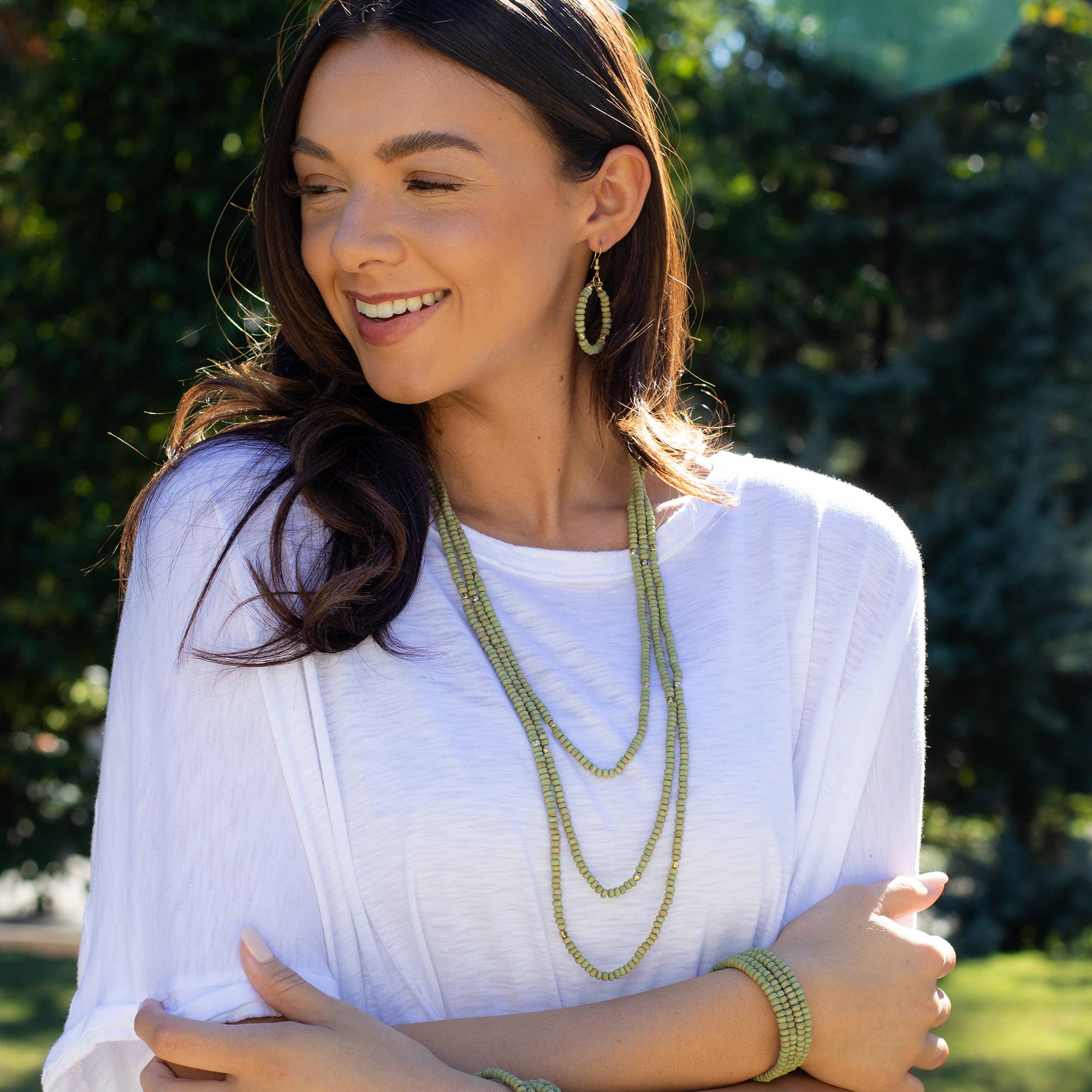 Sachi Chromatic Hues - Sage Green Long Multi-Strand Necklace