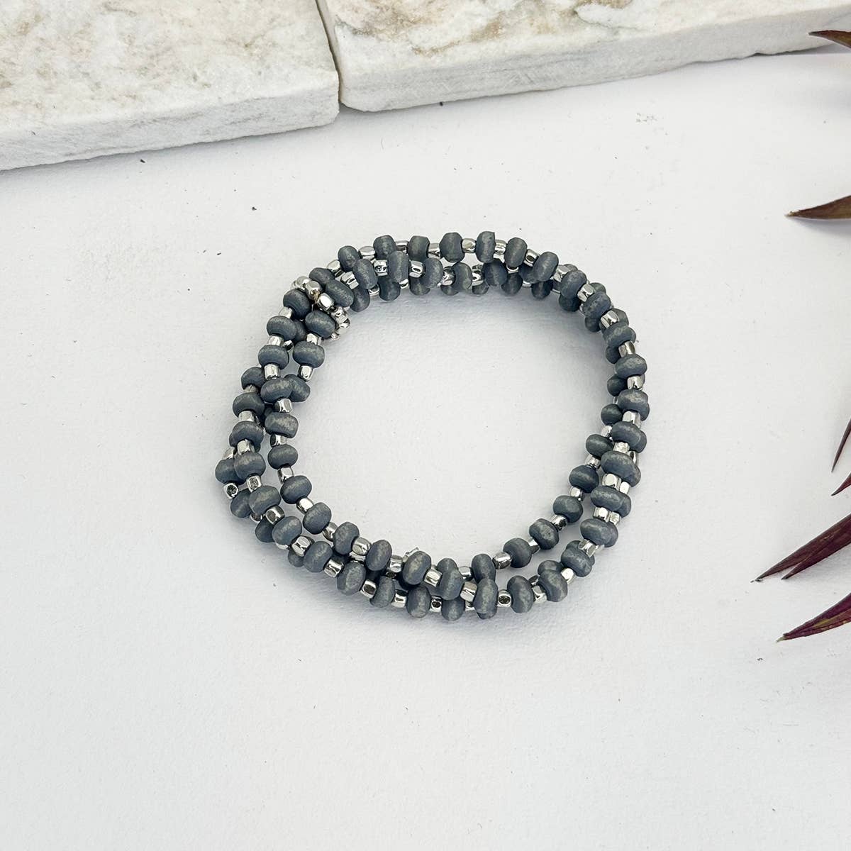 Sachi Wood Bead Wrap Bracelet - Grey