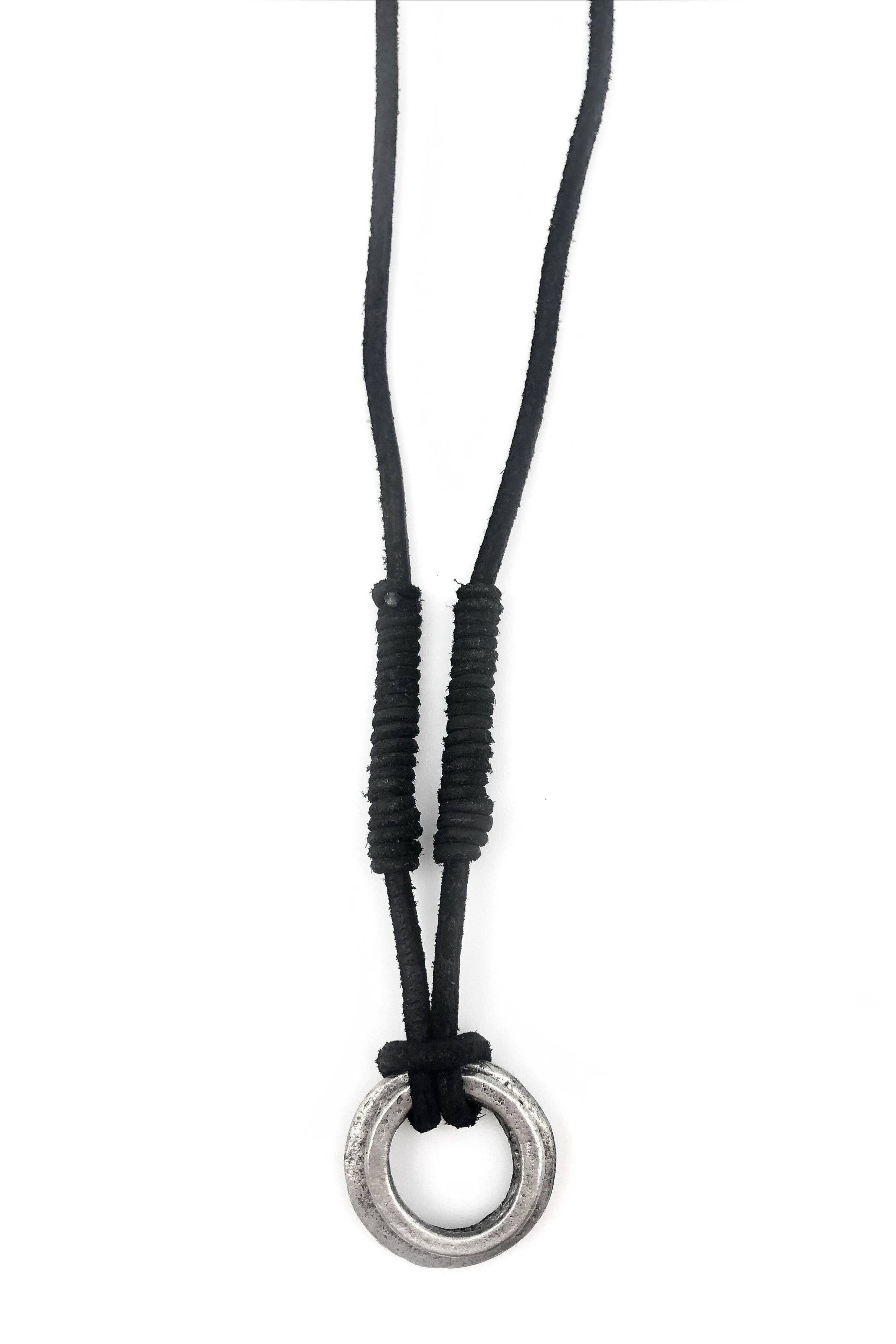 Aadi Silver Ring on Black Leather Men's Necklace