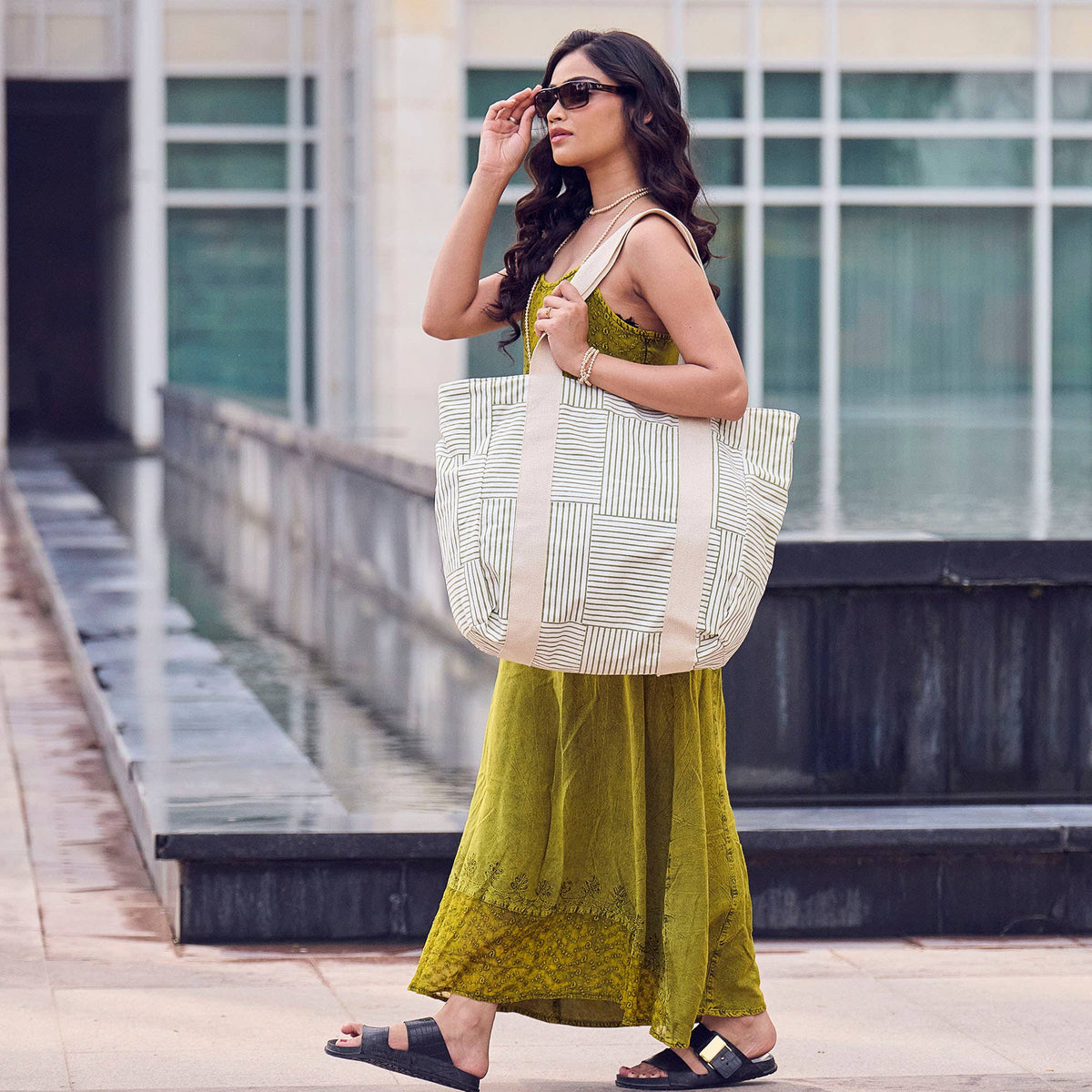 Handcrafted Canvas Bag with Block-Printed Olive Stripes