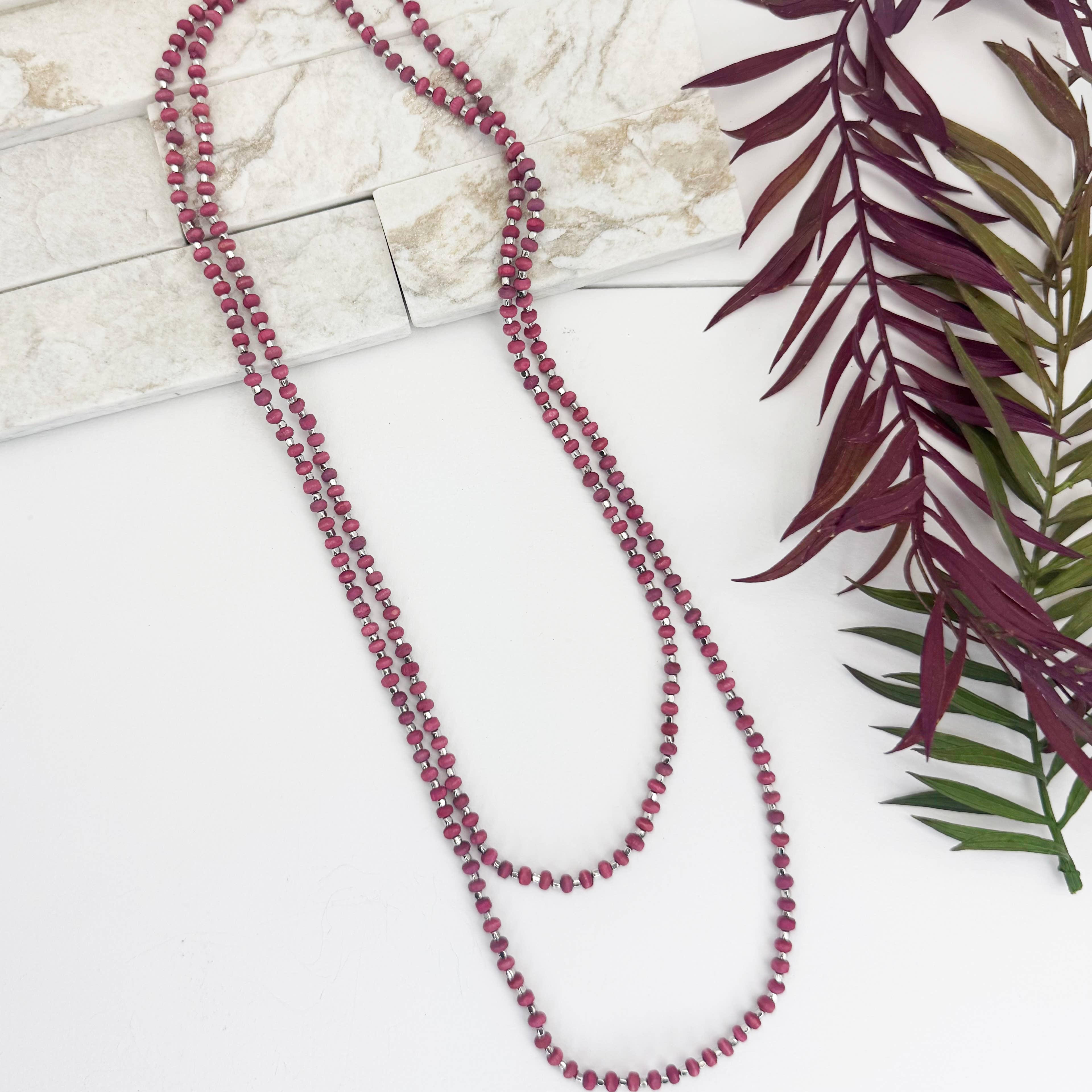 Sachi Long Wood Bead Necklace - Fuschia