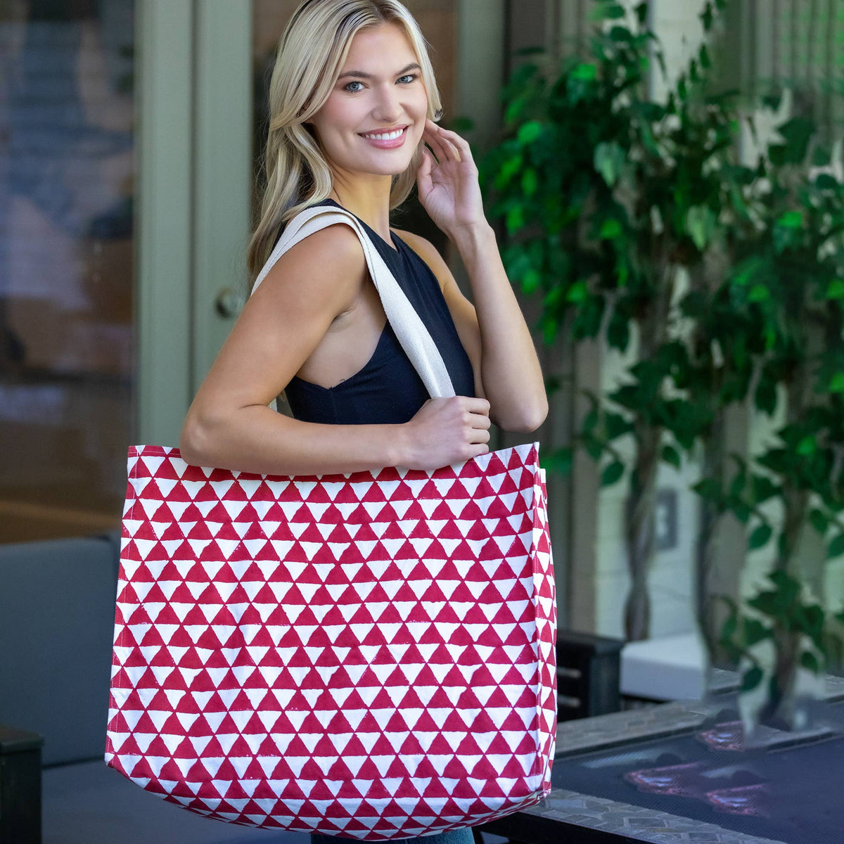 Canvas Bag with Block-Printed Red geometric pattern