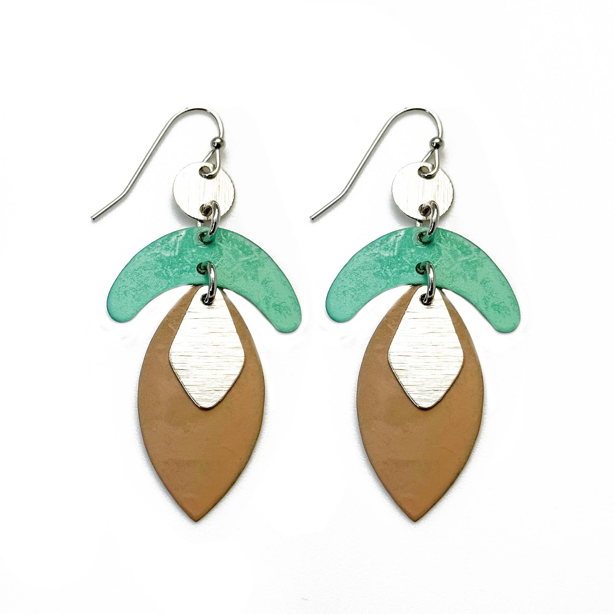Handcrafted Tan & Green Patina Arc Teardrop Earrings
