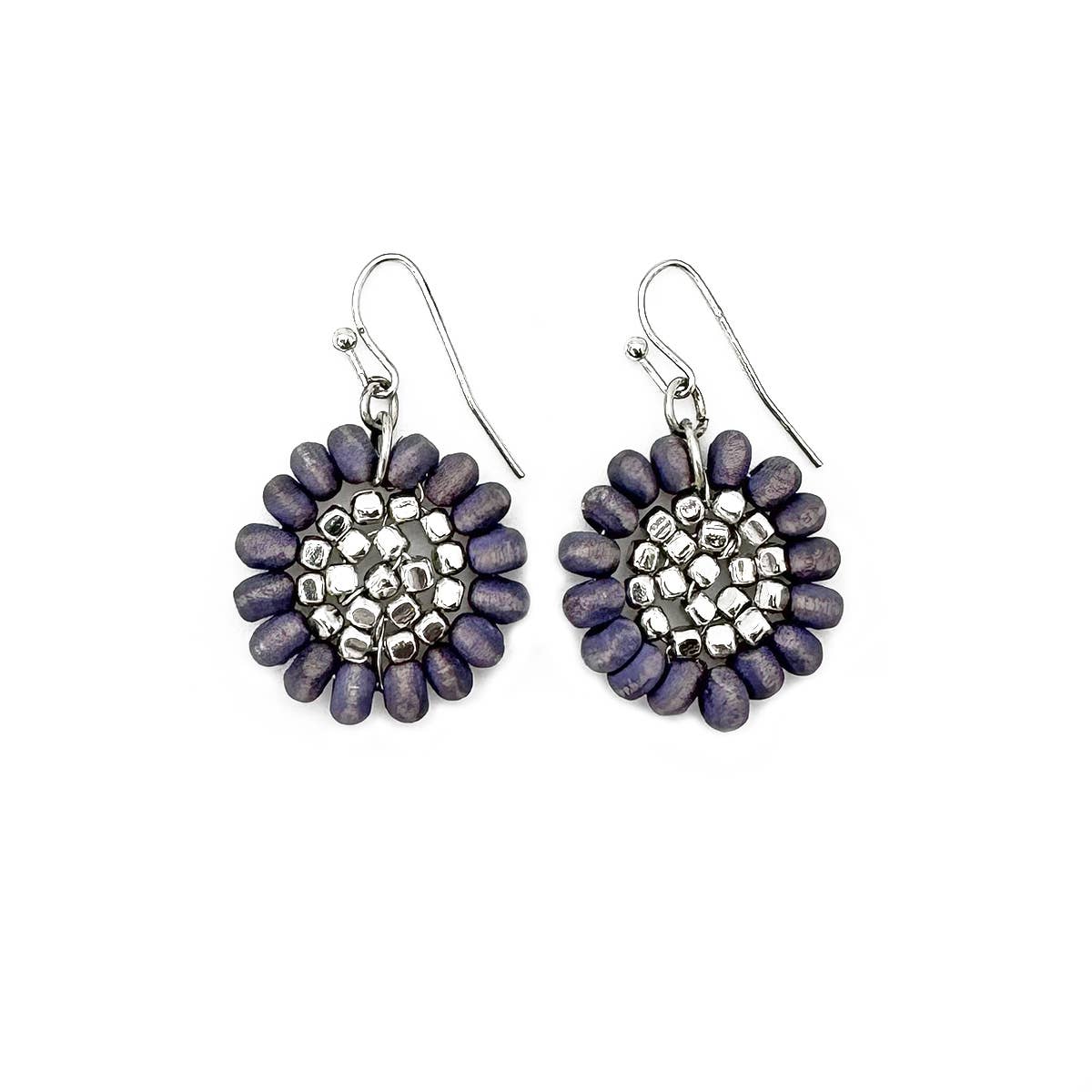 Sachi Wood Bead Flower Earrings - Purple