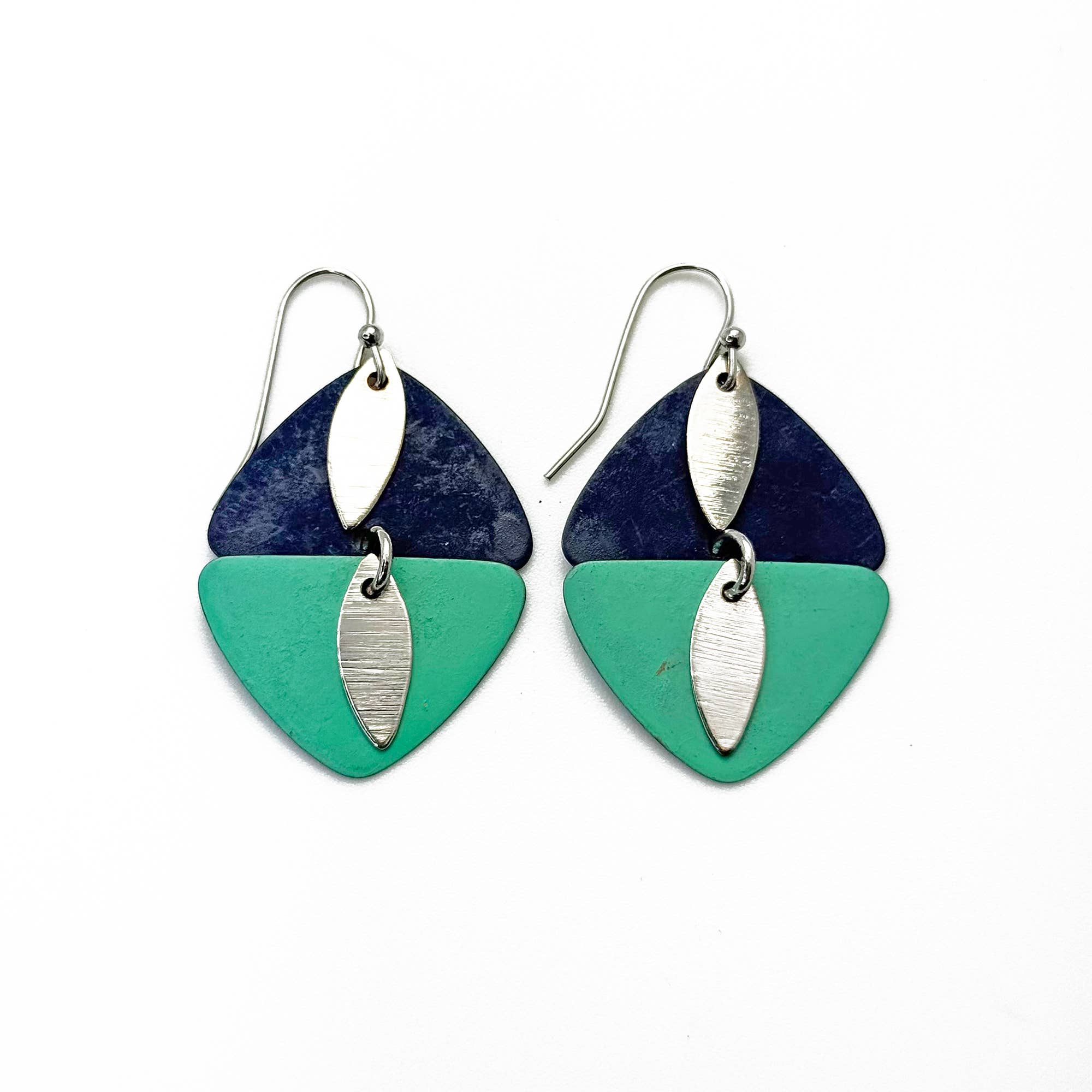 Handcrafted Navy & Teal Patina Mirrored Triangle Earrings