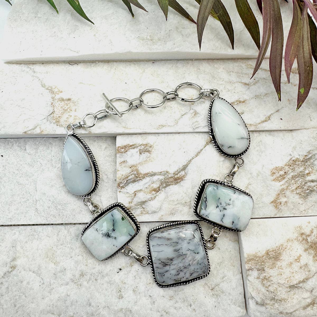 Handcrafted Semiprecious Stone Link Bracelet -Dendritic Opal